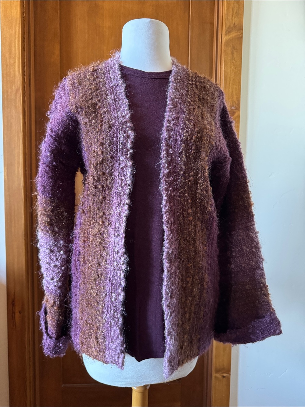 Cozy Open-Front Purple and Brown Woven Wool Cardigan Sweater